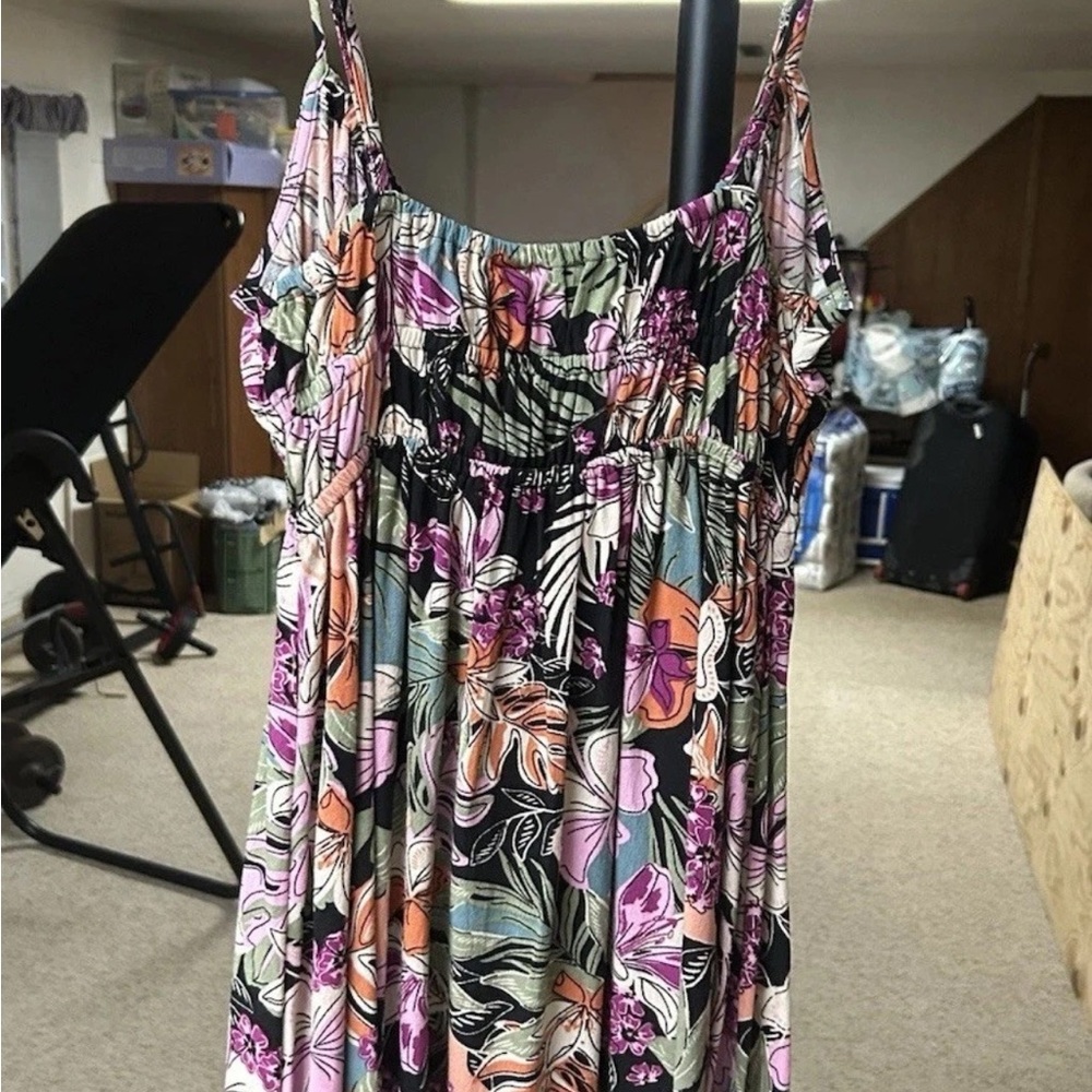 Roxy Tropical EcoVero Beachy Floral Midi Linen Spaghetti Strap Dress Size S. NWT